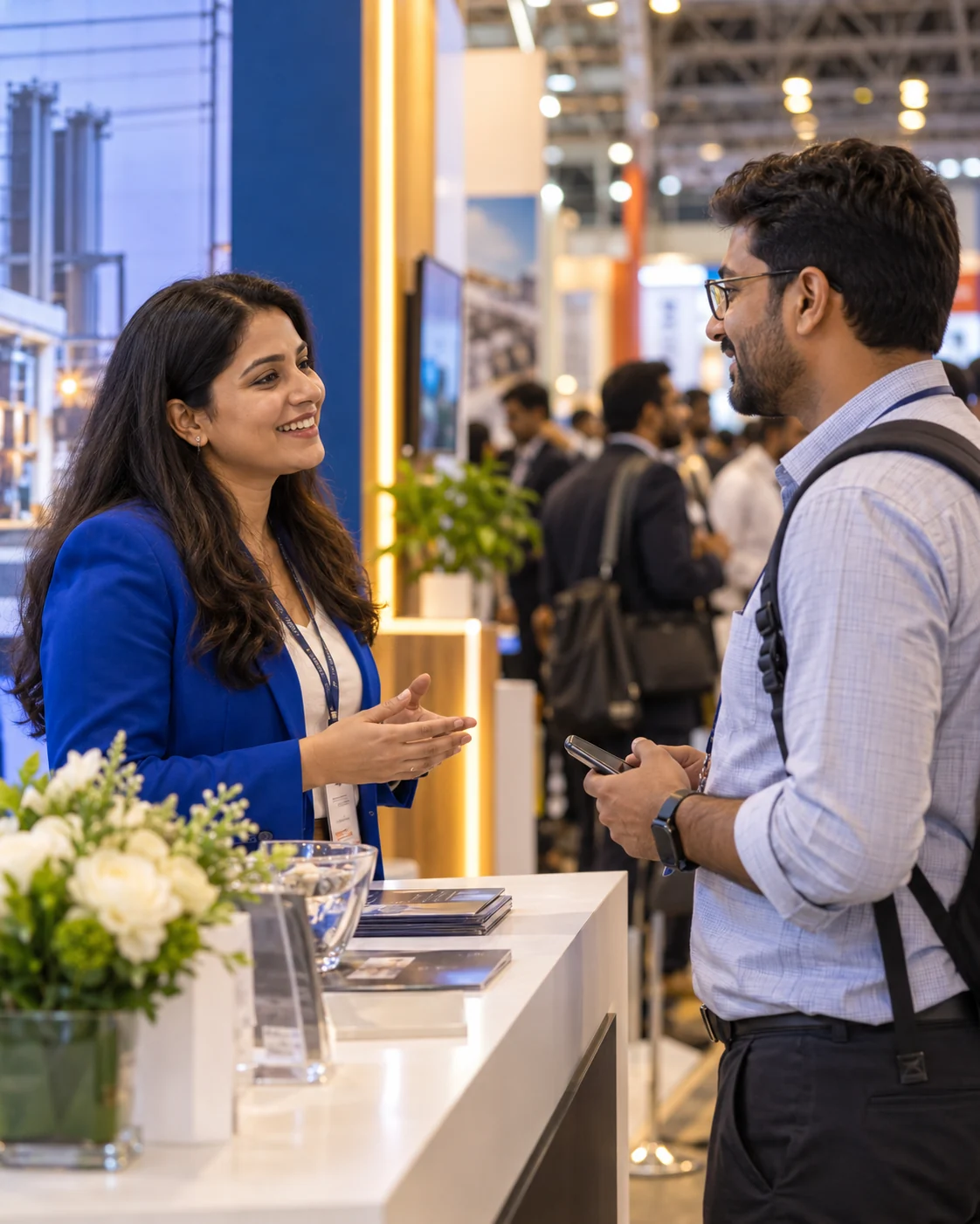 An exhibitor and a visitor talking at a busy trade exhibition